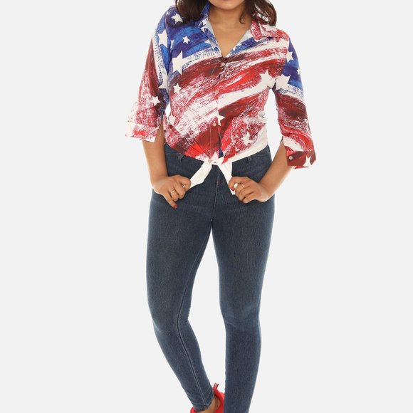 American Flag Print Button-Down Shirt for Women - Picture 3 of 6